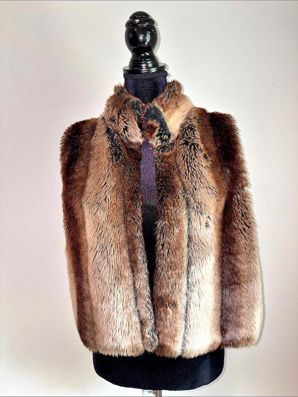 Vertical Design Faux Fur Jacket Brown Black Size Small